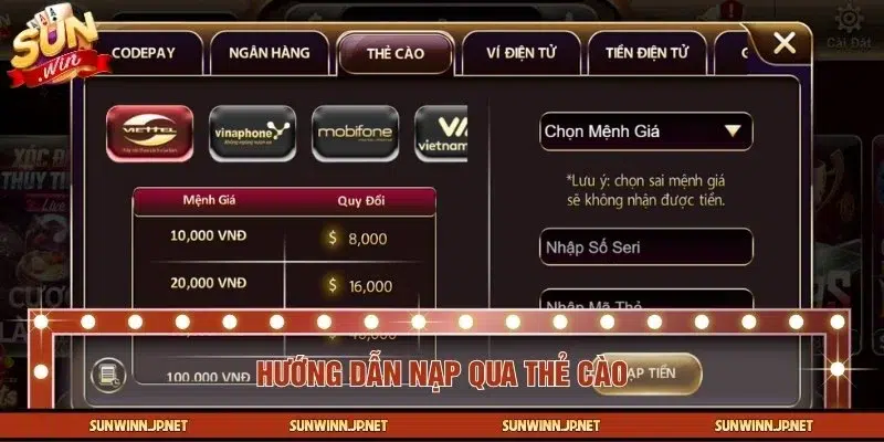 Các bước nạp tiền SUNWIN chi tiết qua thẻ cào điện thoại